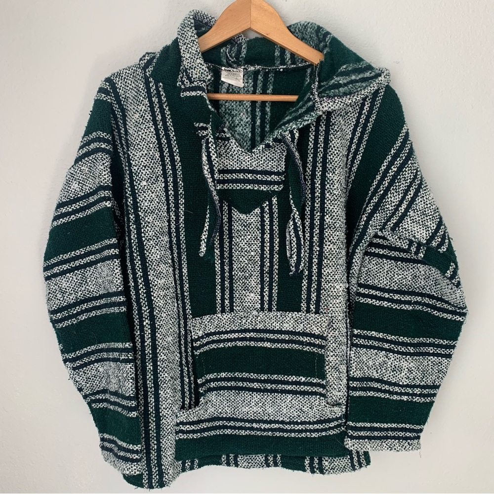 Mens Vintage Mexican Baja Hoodie Pullover Hippy Poncho Large